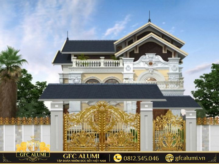 Cổng nhôm đúc Bắc Ninh họa tiết Hạc cưỡi Rùa và hoa sen truyền thống